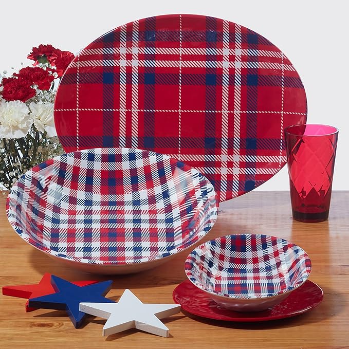 Certified International Patriotic Plaid 12 Piece Melamine Dinnerware Set Service For 4
