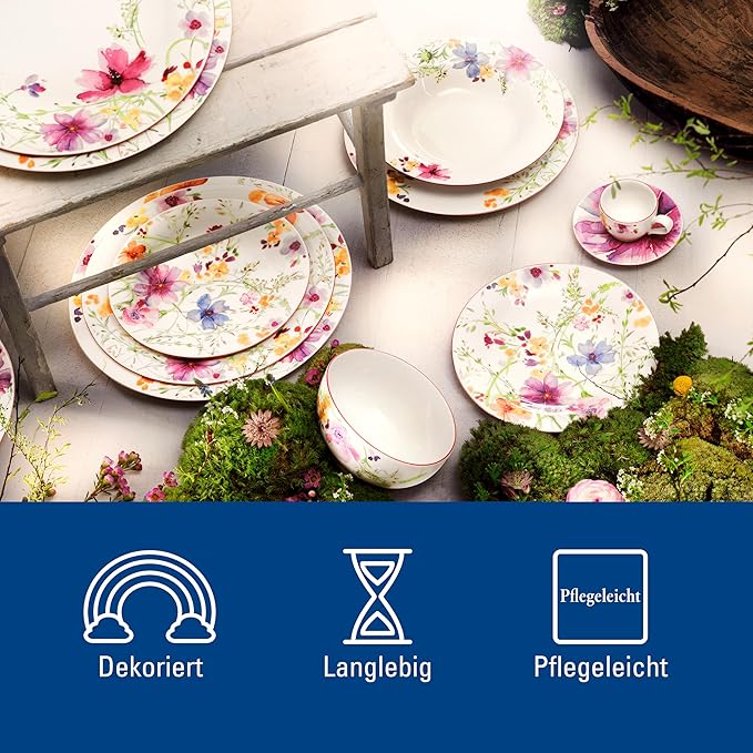 Villeroy &amp Boch 10-4100-8953 Starter Set 10pcs Mariefleur Basic Table Service 10 Pieces Elegant Crockery in a Floral Pattern Premium Porcelain White/Multi-Coloured Dishwasher Safe