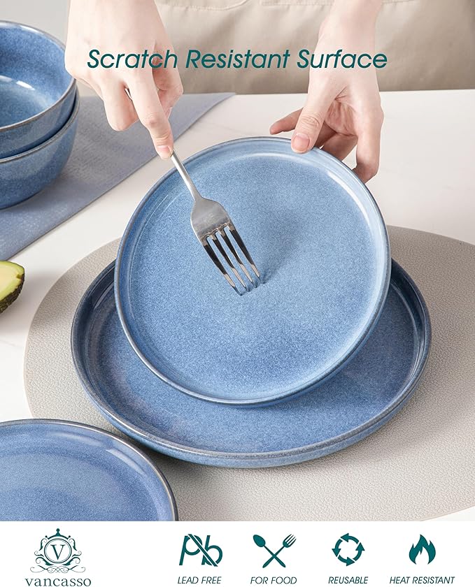 vancasso ANYA 18 Pieces Plates and Bowls Set Blue Dinnerware Sets Reactive Glaze Dishes Set for 6 Ceramic Dishware Sets Kitchen Dinner Set Microwave &amp Dishwasher Safe
