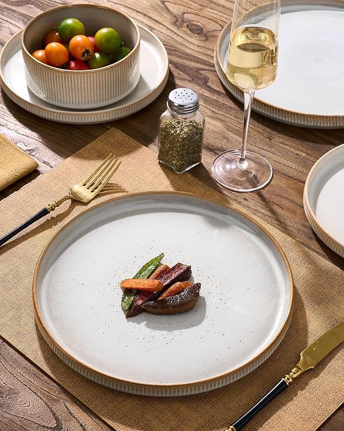 Stoneware Plates and Bowls Dishes Sets for 6 (18-Piece) Famiware Premium Handcrafted Reactive Glaze Dinnerware Set with Raised Rim Scratch Resistant Microwave Dishwasher Safe Cappuccino White