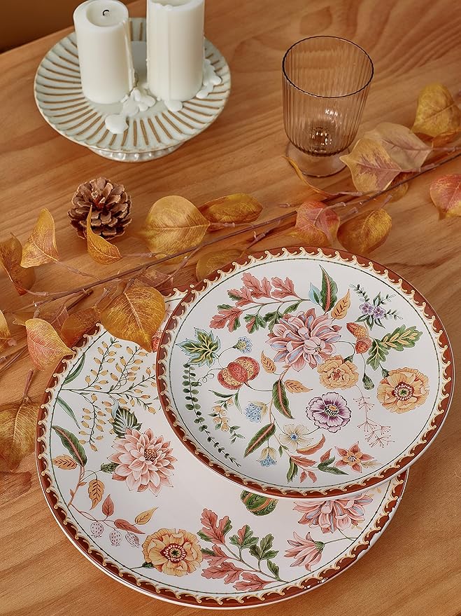 Bico Blooming Moment Ceramic 12 pcs Dinnerware Set Service for 4 Inclusive of 11 inch Dinner Plates 8.75 inch Salad Plates and 26oz Cereal Bowls for Party Microwave &amp Dishwasher Safe