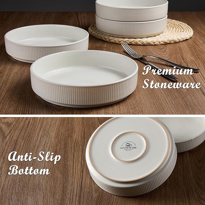E-far 12-Piece Plates and Bowls Sets with 35oz Pasta Bowls Set of 4 Stoneware Dinnerware Dishes Sets Kitchen Modern Dining Dishware Speckled White