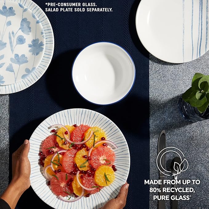 Corelle 18-Piece Dinnerware Set Service for 6 Lightweight Round Plates and Bowls Set Vitrelle Triple Layer Glass Chip Resistant Microwave and Dishwasher Safe Nautical Stripes