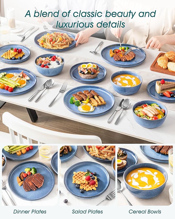 vancasso ANYA 18 Pieces Plates and Bowls Set Blue Dinnerware Sets Reactive Glaze Dishes Set for 6 Ceramic Dishware Sets Kitchen Dinner Set Microwave &amp Dishwasher Safe