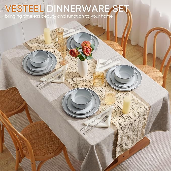 Vesteel 12-Piece Dinnerware Set Ceramic Plates and Bowls Set for 4 Reactive Glaze Tableware Set with Purple Clay Base for Home Chip &amp Scratch Resistant Stoneware Moonlight White