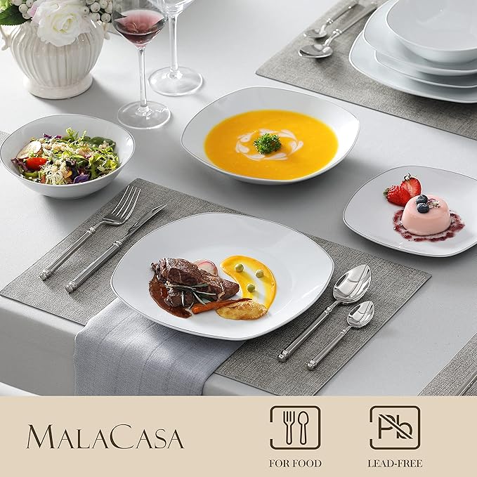 MALACASA Dinnerware Sets 24 Piece Porcelain Square Dishes White with Silver Rim Plates and Bowls Sets Ceramic Dish Set for 6 Chip Resistant Dishware Sets Series ELISA