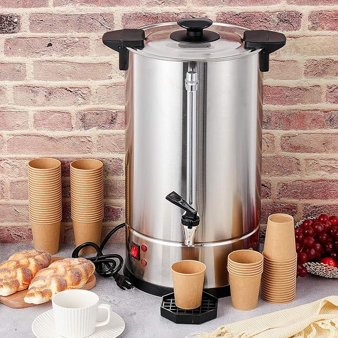 VIHOSE Commercial Coffee Maker Stainless Steel Electric Coffee Urns with 5oz Paper Cups and Coffee Drip Trays Hot Water Large Coffee Dispenser for Catering Restaurant Home Party (100 Cup/ 15 L)