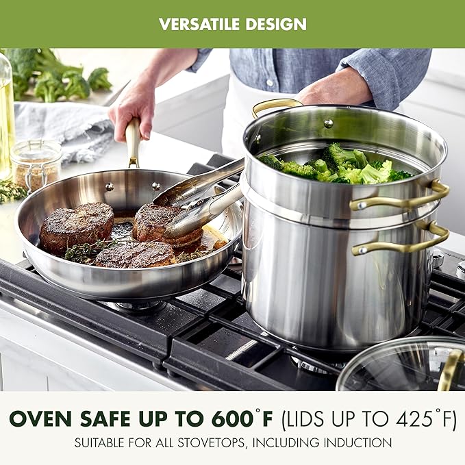 GreenPan Stainless Steel Cookware Set 11 Piece Induction Cookware Dishwasher Safe Oven Safe to 600F Large 8QT Stock Pot Sauce Saute Frying Pans Pots &amp Pans Kitchen Essentials Gold