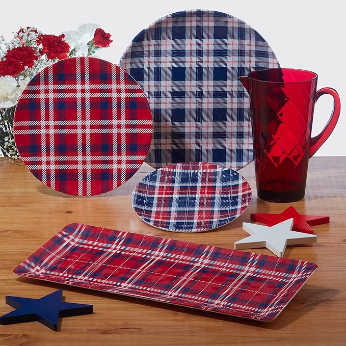 Certified International Patriotic Plaid 12 Piece Melamine Dinnerware Set Service For 4
