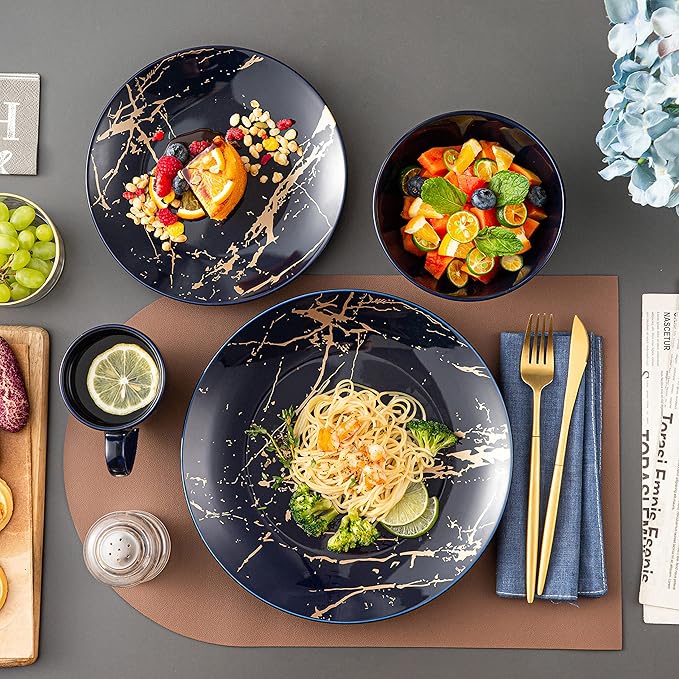 LOVECASA Porcelain Dinnerware Sets for 4 16 PCS Plates and Bowls Set Color Glaze with Gold Plate Dish Set Dinner Sets with Dinner Plates Dessert Plate Bowls and Mugs Dark Blue