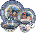 Blue Rose Polish Pottery - Blue Summer Blooms 4 Piece Place Setting - Service for 1-1 Place Setting - Great for Everyday Dining Casual Dining or as Formal Dinnerware