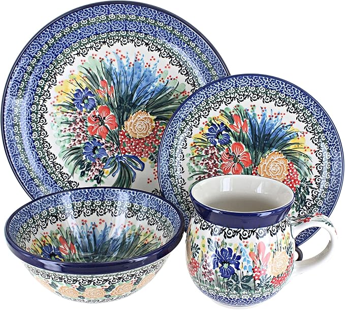 Blue Rose Polish Pottery - Blue Summer Blooms 4 Piece Place Setting - Service for 1-1 Place Setting - Great for Everyday Dining Casual Dining or as Formal Dinnerware