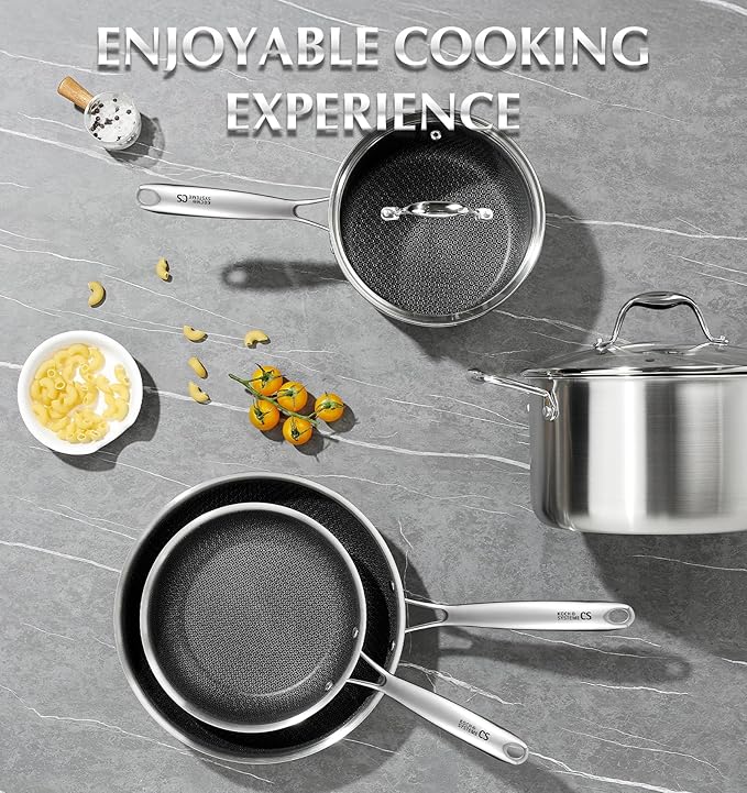 KOCH SYSTEME CS Triply Stainless Steel Cookware Set 10PCS Nonstick Hybrid Pots and Pans Set Nontoxic Kitchen Cookware Set with Honeycomb Interior Pots and Pans Set Non Stick Induction Compatible