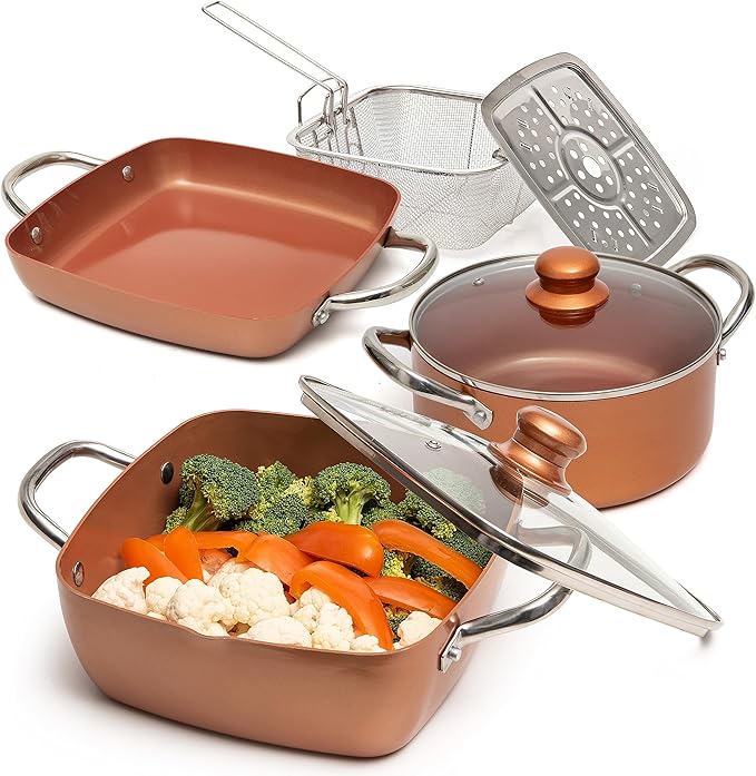 Moss &amp Stone 7 Pcs Copper Chef Cookware Non Stick Deep Frying Pan 9.5 x 3.5 Fry Basket Dishwasher &amp Oven Safe 5 Qt Deep Square Pot Non Stick Pan &amp Round Pot Induction Copper Cookwar