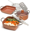 Moss &amp Stone 7 Pcs Copper Chef Cookware Non Stick Deep Frying Pan 9.5 x 3.5 Fry Basket Dishwasher &amp Oven Safe 5 Qt Deep Square Pot Non Stick Pan &amp Round Pot Induction Copper Cookwar
