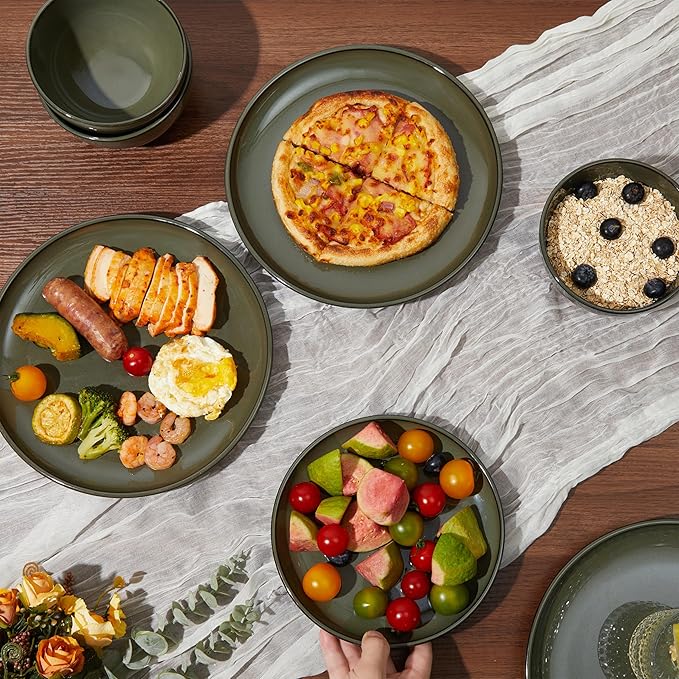 Santorini Mist Terracotta Reactive Glaze Plates and Bowls Sets Stoneware Dinnerware Sets Microwave and Dishwasher Safe Ceramic Dish Set Service for 4 Blackish Green