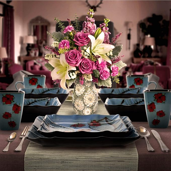 Elama ALOHATIDE Aloha Tide 16 Piece Luxurious Stoneware Dinnerware with Complete Setting for 4 16pc Blue with Red