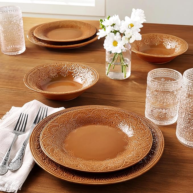Retro Lace Ceramic Dinnerware Set 12-Piece Embossed Pattern Caramel Glaze Microwave &amp Dishwasher Safe for Daily Dining &amp Holiday Gatherings Includes Dinner &amp Salad Plates Bowls