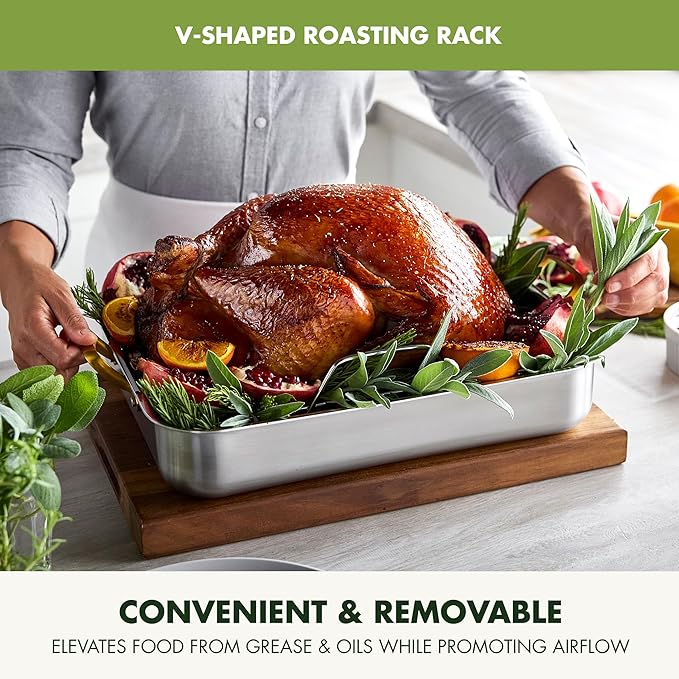GreenPan Reserve 16 x 13 Tri-Ply Stainless Steel Roasting Pan with Roaster Rack Multiclad Cookware Induction Suitable Gold Stainless Steel Handles Dishwasher &amp Oven Safe Silver