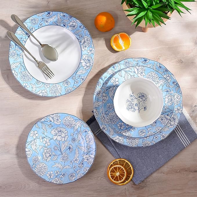 222 Fifth 12-Piece Porcelain Dinnerware Set for 4 White &amp Light Blue Plates and Bowls Set Glossy Ceramic Dish Set with Ornate Floral Design Kitchen Tableware Microwave &amp Dishwasher Safe C