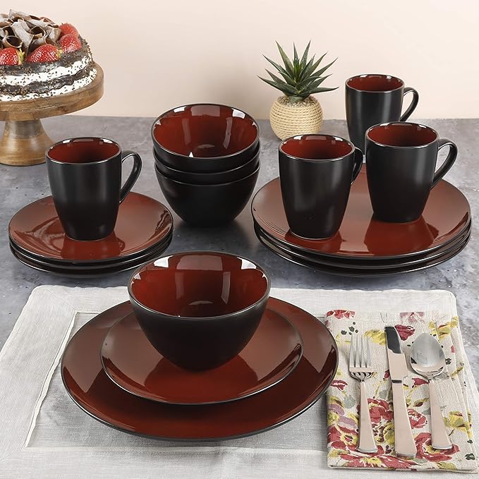 Gibson Elite Soho Lounge Round Reactive Glaze Stoneware Dinnerware Set Service for Four (16pcs) Red