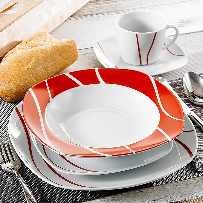 Unknown1 30-Piece Red Stripes Dinner Sets (Service for 6) White Stripe Modern Contemporary Round Ceramic 30 Piece Dishwasher Safe