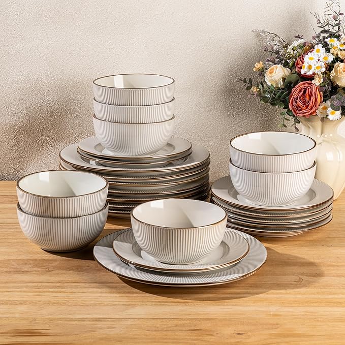 GBHOME Ceramic Dinnerware Sets 36 pcs Embossed Elegant Stoneware Plates and Bowls Sets Housewarming Wedding Gift | Dishwasher &amp Microwave Safe | Dishes Set Service for 12
