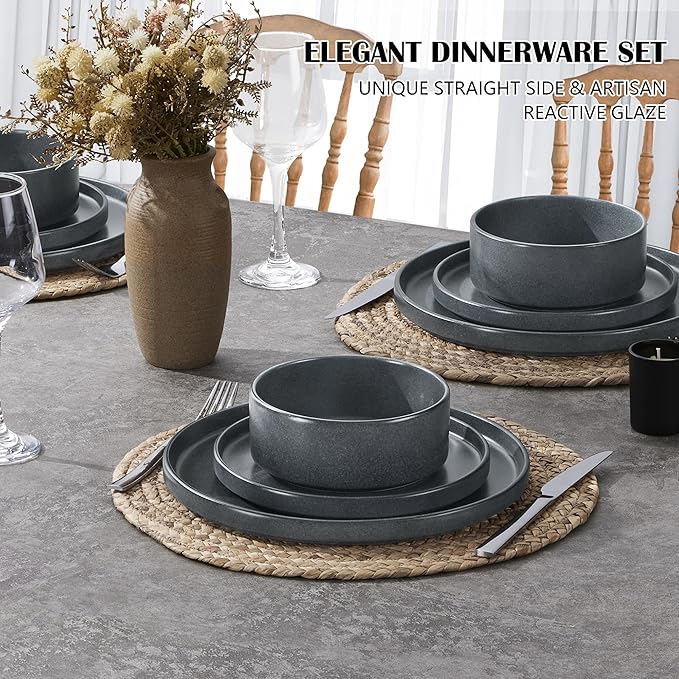 E-far Stoneware Dinnerware Sets for 4 12-Piece Reactive Glaze Plates and Bowls Sets Kitchen Ceramic Dishes Dinning Ware Microwave &amp Dishwasher Safe Deep Gray
