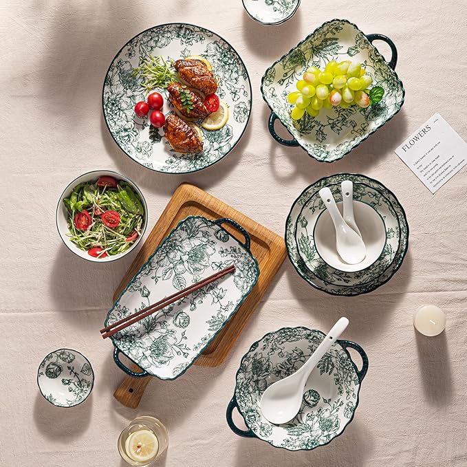56 Piece Ceramic Dinnerware Set Microwave &amp Dishwasher Safe Plates and plates and bowls setss Sets with Green Rose Pattern Porcelain Dishware Sets for Kitchen &amp Dining