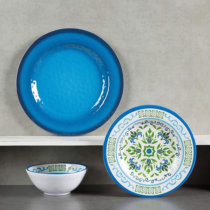 Melamine Dinnerware Sets 12 Pcs Melamine Plates Party Plates and Bowls Sets Camping Dishes Set for 4 Unbreakable BPA-Free Dishwasher Safe （Green flowers）