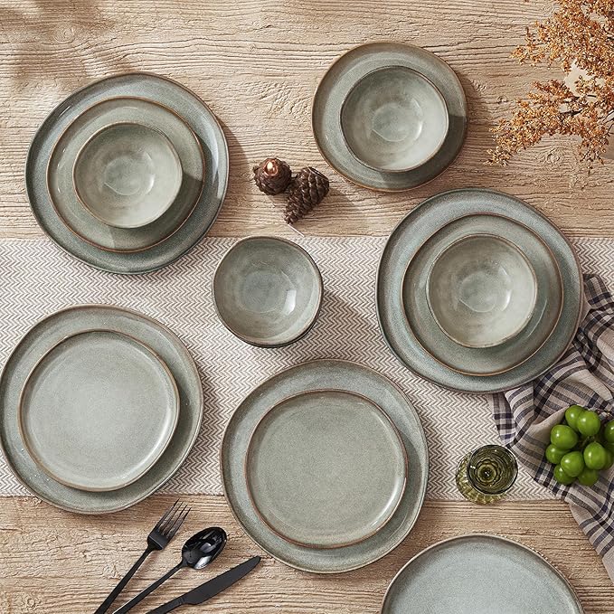 KINGSTONE Stoneware Dinnerware Sets 18-Piece Reactive Glaze Porcelain Plates and Bowls Sets for 6 Handcrafted Rustic Ceramic Dishes Set Highly Scratch Resistant Dishwasher &amp Microwave Safe Gr