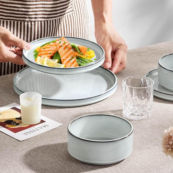 Herogo Plates and Bowls Dinner Dishes Sets for 6 18 Pieces Ceramic Stoneware Dinnerware Set Rustic Terracotta Bottom Dishwasher &amp Microwave Safe Icy White