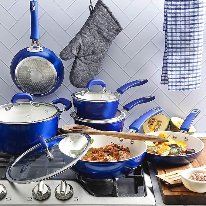 Unknown1 Ceramic Coated Nonstick Cookware Set- Blue 12 Piece Induction Safe