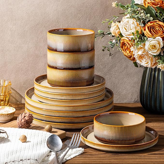 TheTerra Ceramic Dinnerware Sets for 4 12 Pieces Porcelain Lightweight Plates and Bowls Sets Scratch Resistant Dish Set Oven &amp Microwave &amp Dishwasher Safe Creamy Amber