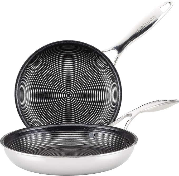 Circulon Clad Stainless Steel Frying Pans/Skillet Set with Hybrid SteelShield and Nonstick Technology 10 Inch and 8.5 Inch Silver