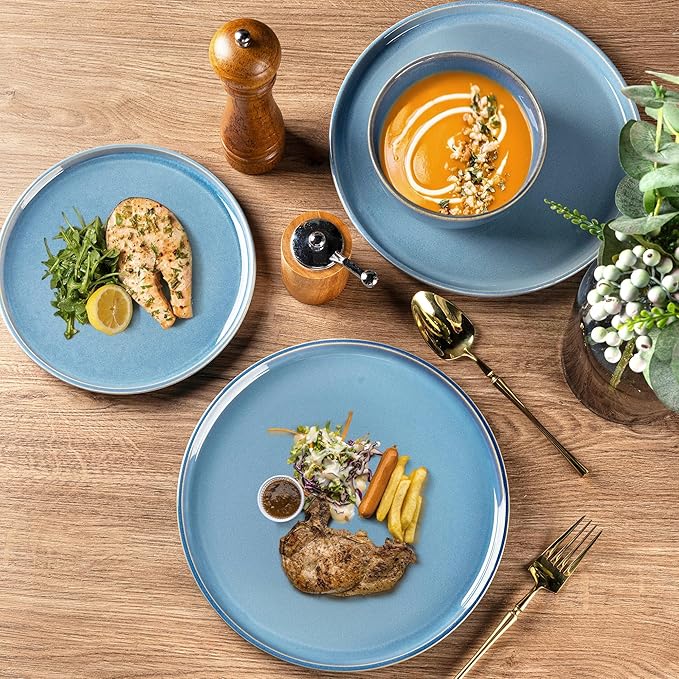 GBHOME Ceramic Dinnerware Sets for 4 12 Pieces Stoneware Plates and Bowls Sets Reactive Glaze Dishes -Scratch Resistant Dishwasher&ampMicrowave Safe-Alaskan Blue