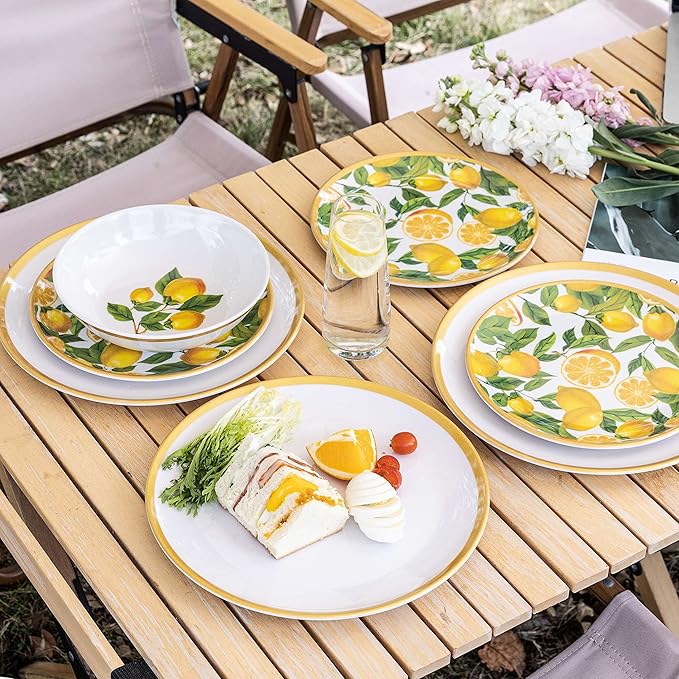 Melamine Dinnerware Sets- 12pcs Melamine Plates and Bowls Set for 4Indoor and Outdoor Dinnerware Lemon dinnerware set