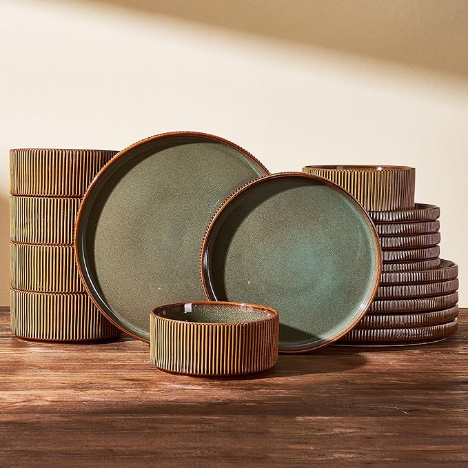Stoneware Plates and Bowls Dishes Sets Service for 6 (18-Piece) Famiware Premium Handcrafted Reactive Glaze Dinnerware Set with Raised Rim Scratch Resistant Microwave Dishwasher Safe Moss Cocoa