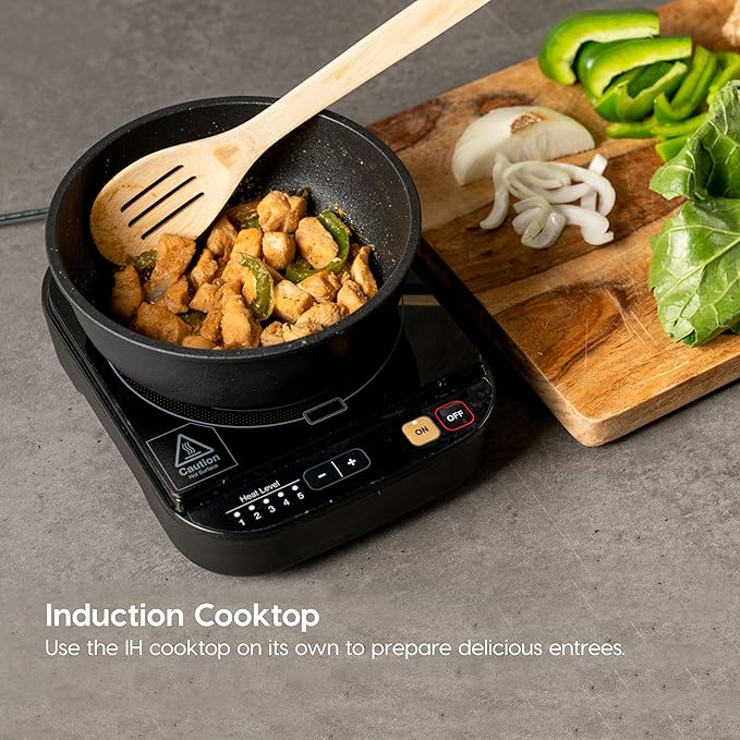 2-in-1 Rice Cooker and Induction Cooktop Burner 3-Cup (Uncooked) / 6-Cup (Cooked) and Warmer Portable and Compact IH Cooktop with Calorie Counter and Timer 7 Cooking Modes