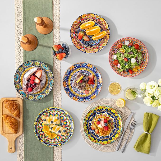 vancasso Colorful Dessert Plates Set of 6 8.5 Inch Ceramic Salad Plates Boho Small Dinner Plates Bohemian Printed Kitchen Plate for Breakfast Microwave &amp Dishwasher Safe Dishes Series KRVI
