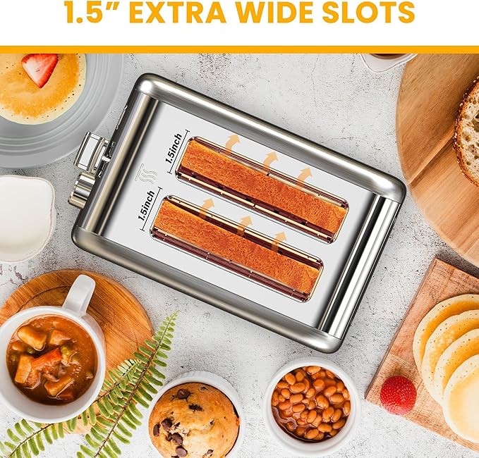 Simple Deluxe 2-Slice Stainless Steel Toaster Extra Wide Slot Toaster &amp Removable Crumb Tray with 6 Browning Setting and 3 Function for Bread &amp Waffle Silver