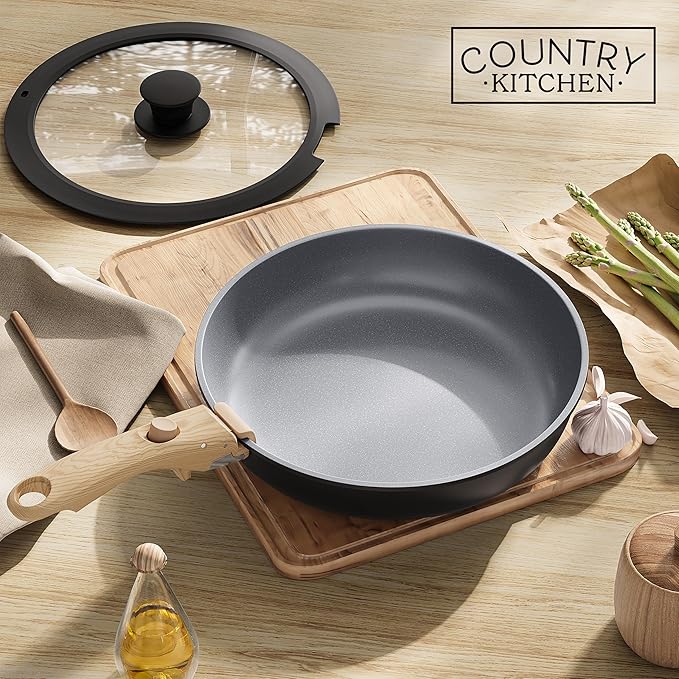 Country Kitchen Cookware Set with Removable Handle Oven &amp RV Safe Pots and Pans Set Black/Grey Wood Handle Original