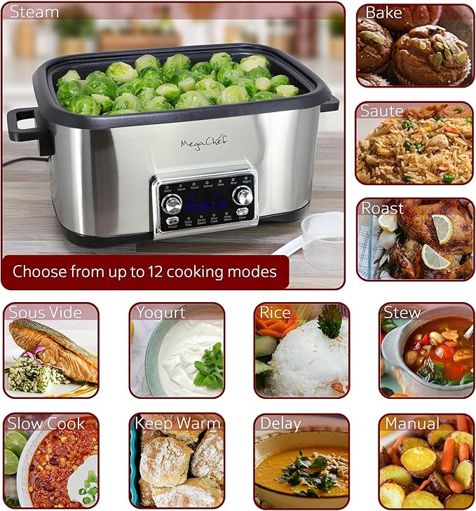 MegaChef Deluxe 8 Quart 12-in-1 Programmable Multi Cooker with Sous Vide and Multi-Functions Digital Display Adjustable Temperature &amp Time Removable Pot Tempered Glass Lid