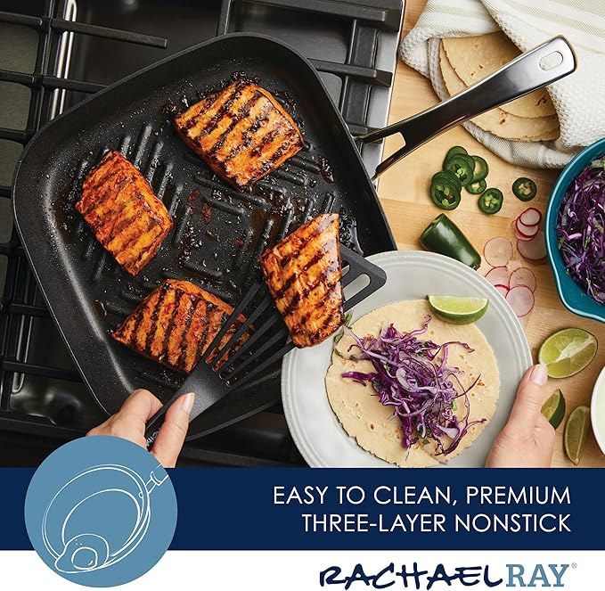 Rachael Ray Cook + Create Hard Anodized Nonstick Deep Grill Pan/Griddle 11 Inch - Black