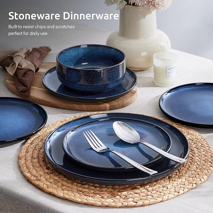E-far 18-Piece Plates and Bowls Set Dinnerware Sets for 6 Reactive Glaze Stoneware Dishes Dinning Ware Microwave &amp Dishwasher Safe - Deep Sea Blue