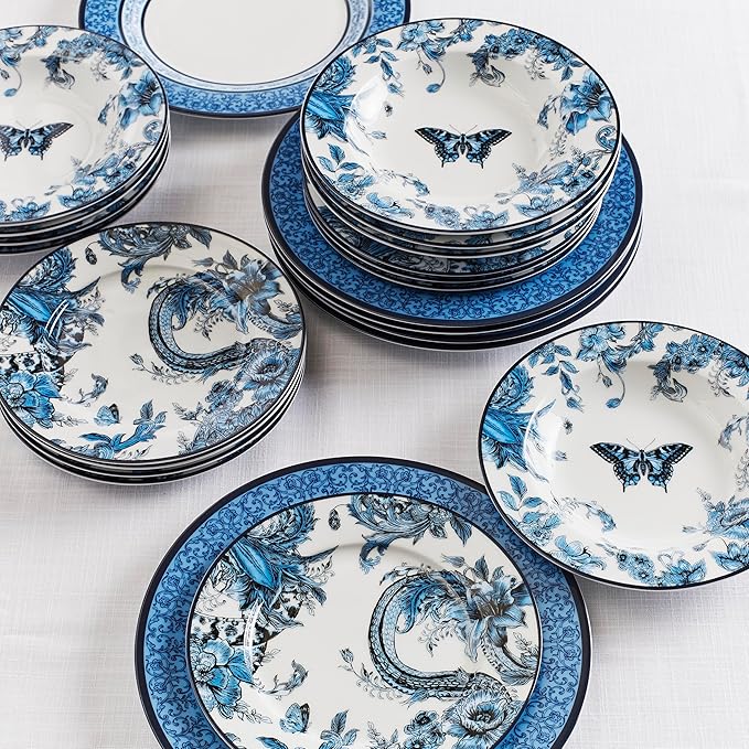 Marchesa Monarcha 4-Piece Pasta Bowl Set Porcelain Bowls Dishwasher and Microwave Safe Dish Set for 4 Blue