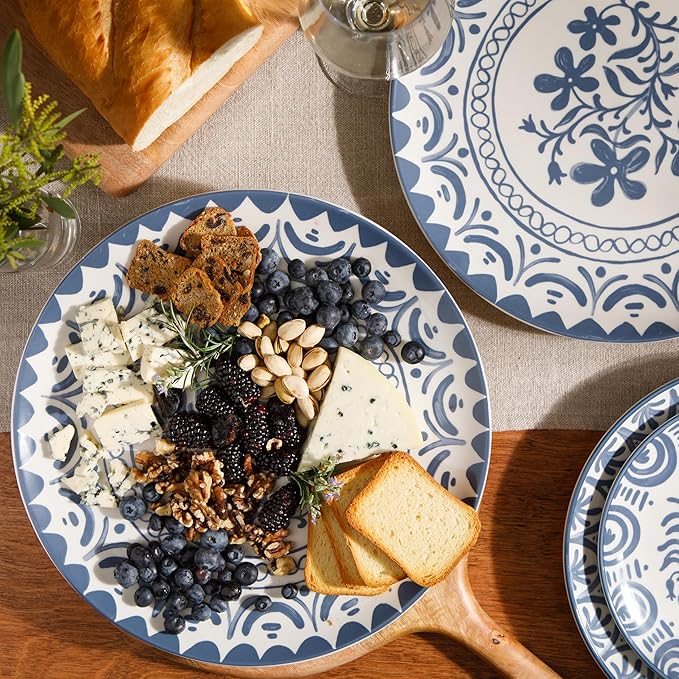 Bloomhouse - 2-Time Oprah’s Favorite Things - Valencia Flor 2 Piece 13” Serving Platter Set Stoneware Platters Mediterranean Floral Decal Design Microwave &amp Dishwasher Safe Iris Blue