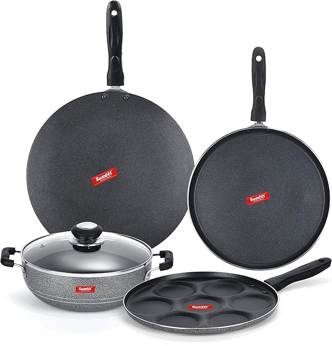 Sumeet NonStick Svartur Cookware Set (Dosa Tawa - 26.5Cm Dia + Multi Snack Maker - 7 Cavity - 26.5Cm Dia + Kadhai with Glass Lid -2Ltr - 22Cm Dia + Conceve/Roti Tawa - 28Cm Dia)