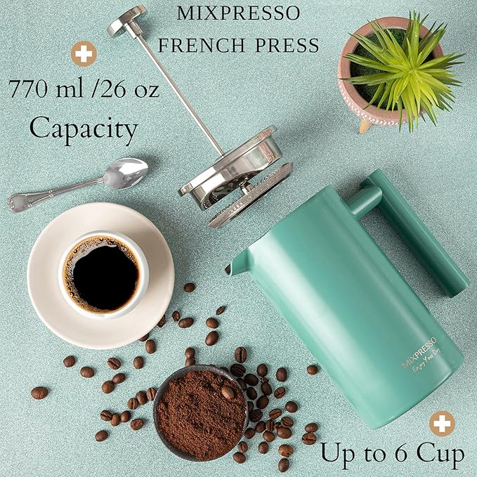 Mixpresso Green Stainless Steel French Press Coffee Maker 26 Oz 770 Ml Double Wall Insulated French Press Stainless Steel Easy Clean Tea Brewer Easy Press Durable Metal Coffee Press