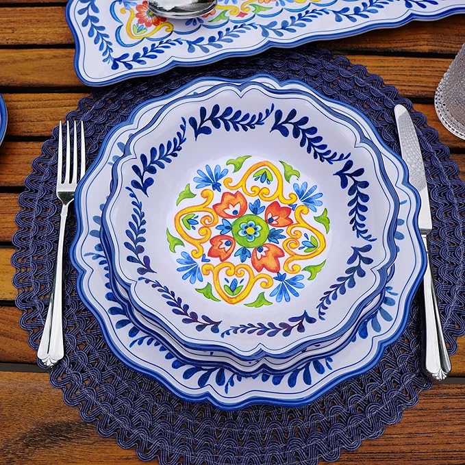 Flores Melamine 12 Pc Dinnerware Set Service for 4 – Unbreakable Outdoor Plates and Bowls Vibrant Floral Design Great for Entertaining Patio Dining Gifting and Everyday Use